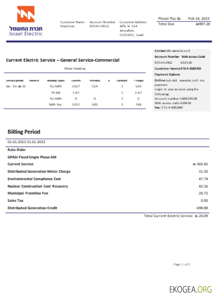 Facture commerciale de service public d'Electric Corporation SCR